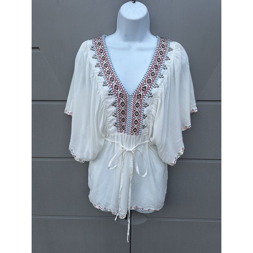 NWT Ark and Co. Womens Blouse Flutter Sleeve Studded Embroidered Boho Sz S